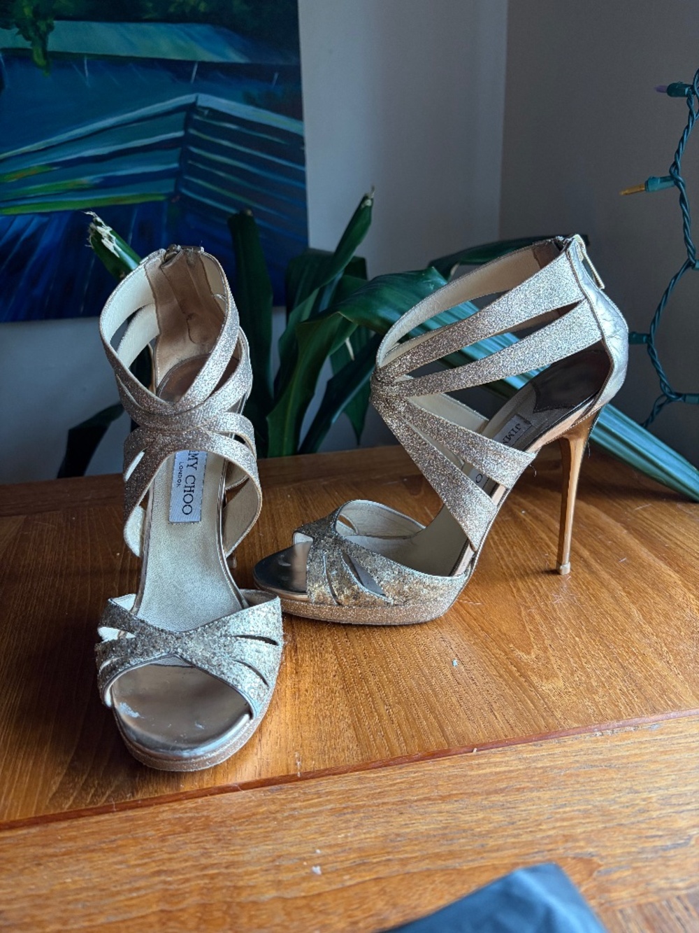 Jimmy Choo Garland metallic nude glitter heels